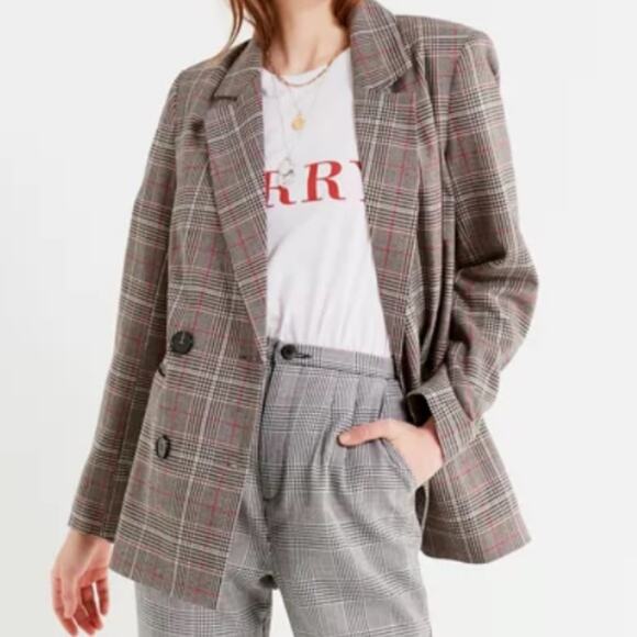 New Urban Outfitters $99 Plaid Double Breasted Red Blk Check Blazer Small NWT - Picture 2 of 15